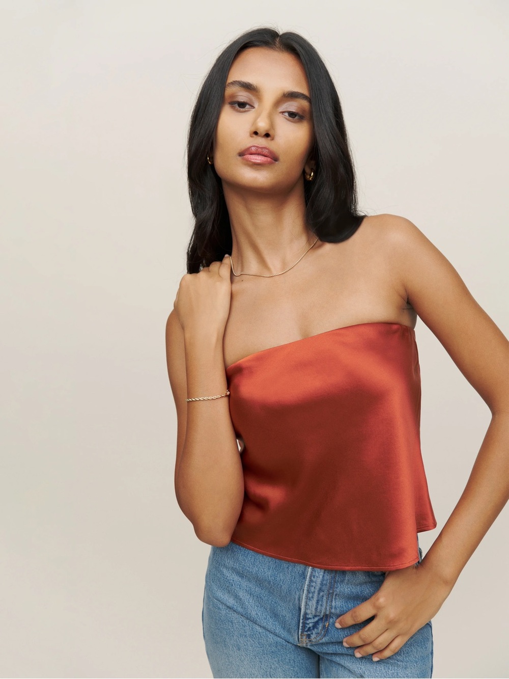 Reformation Spritz Silk Strapless Top in Rust Copper